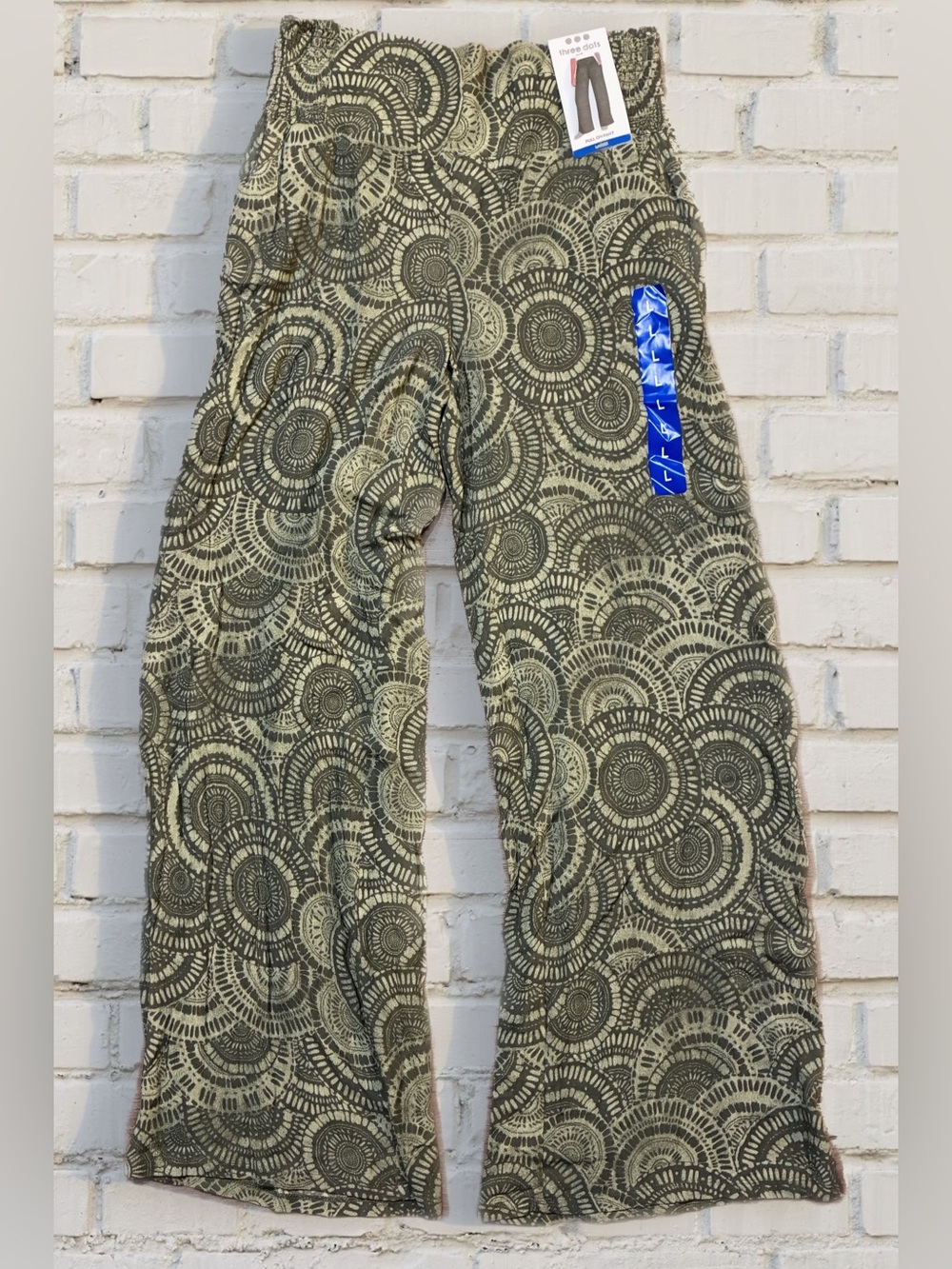Three Dots Olive Green Circular Print Wide Leg Pull On Pant Size L